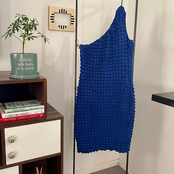 Blue One Shoulder Textured, Stretchy, Bodycon Dress SIZE 8/10 - Picture 4 of 6